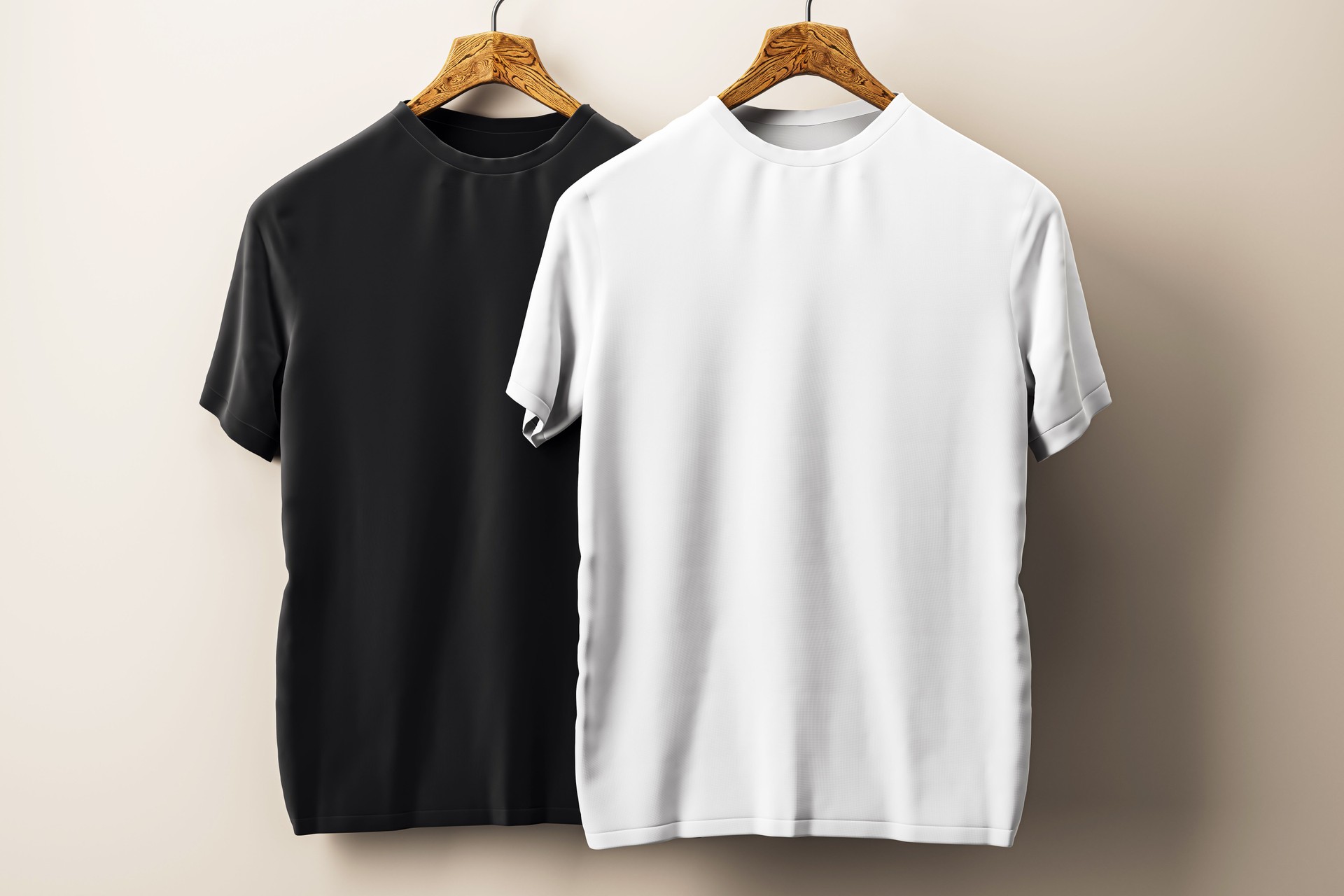 Black and White T-Shirts Hanging on Wooden Hangers. 3D Rendering
